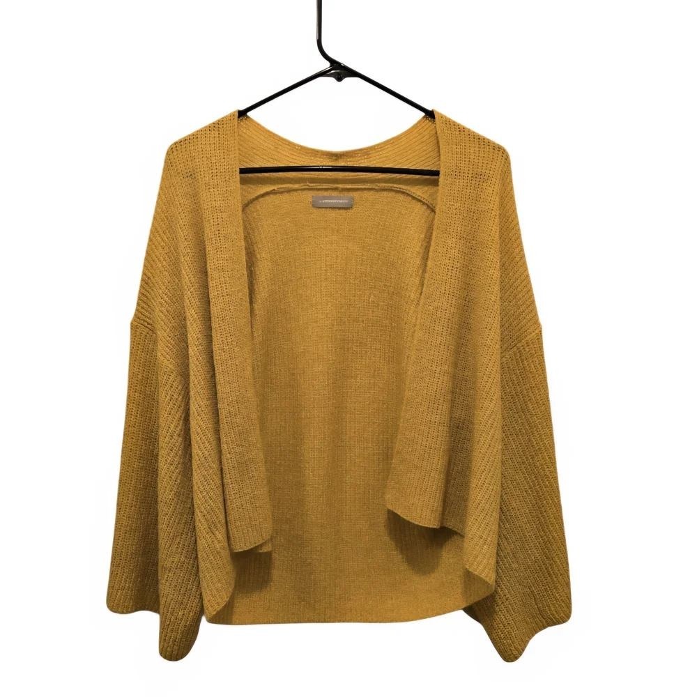 Anthropologie Mustard Open Front Textured Knit Shawl Cardigan OS Boho Layer Chic